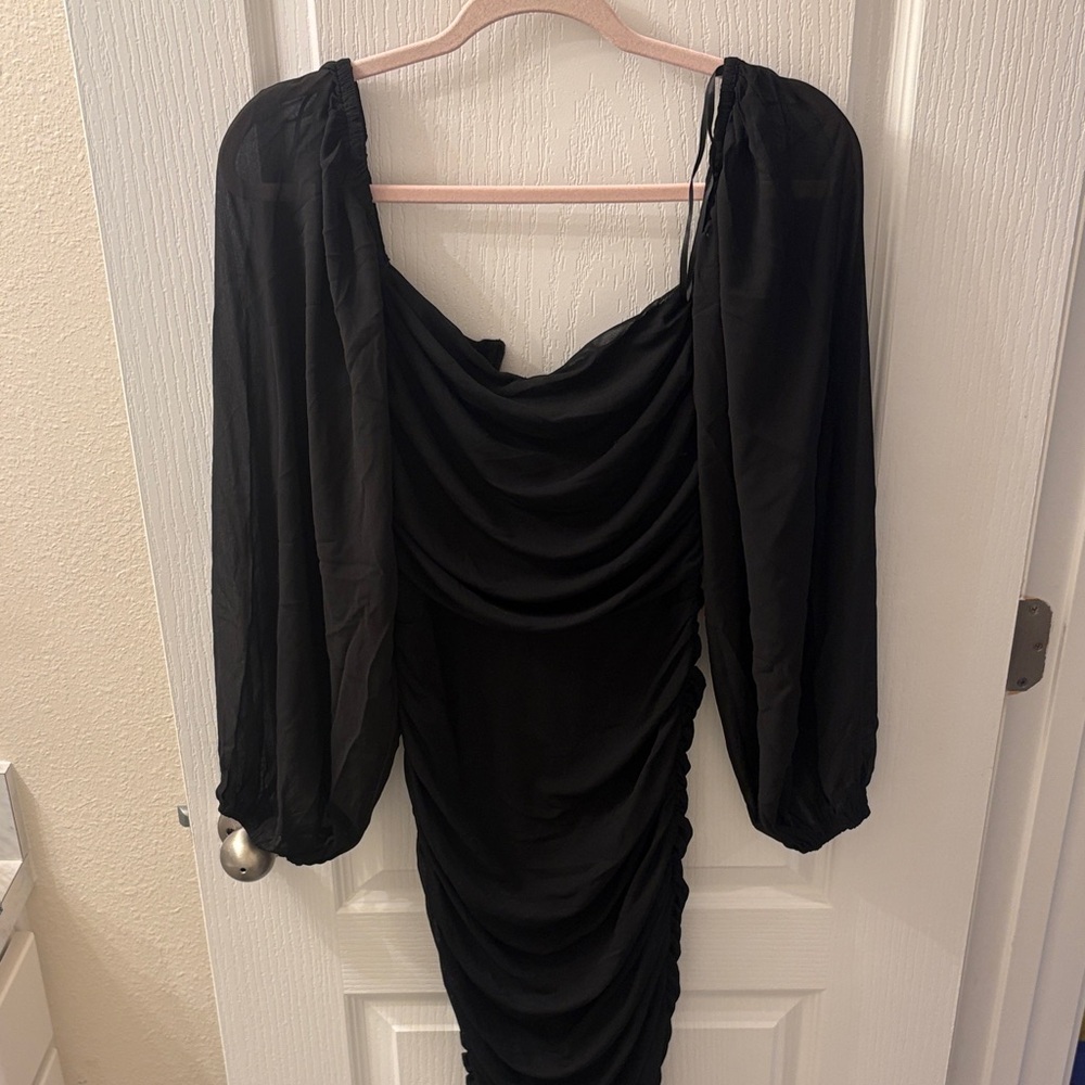 Hello Molly Black Long-Sleeve Draped Ruched Midi Dress